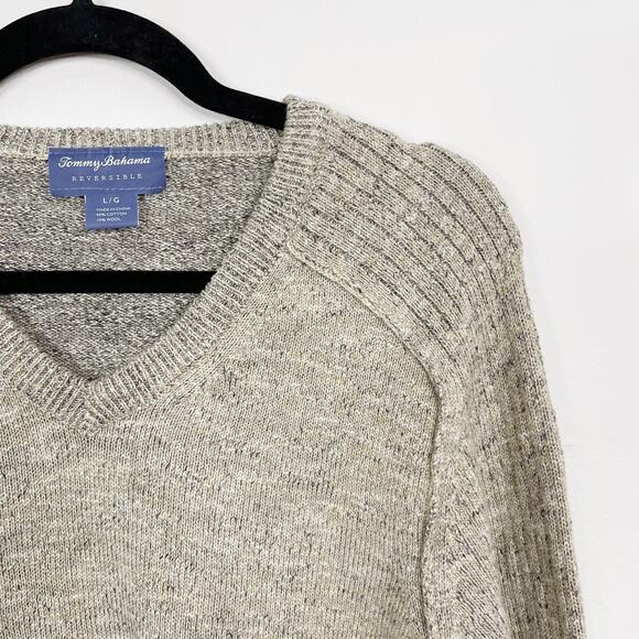 Tommy Bahama Large Cotton Wool Reversible Gran Rey Flip VNeck Sweater Beige Mens - Picture 3 of 12